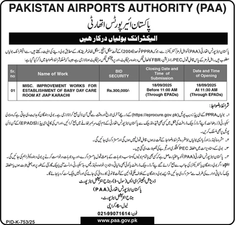 Pakistan Airports Authority Karachi Tender Notice